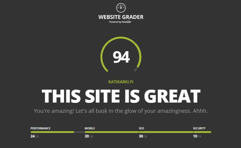 Katikarki.fi -sivuston testitulos Website Graderin työkalulla.