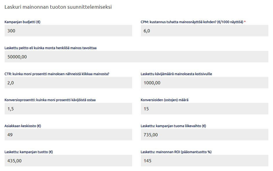 Mainonnan tuottolaskuri mainonnan suunnitteluun