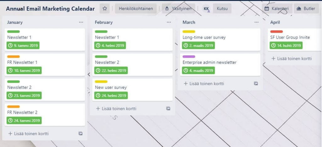 Trello auttaa markkinoinnin vuosisuunnitelman kanssa.