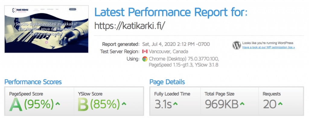 Sivustonnopeus GT-metrix testi katikarki.fi